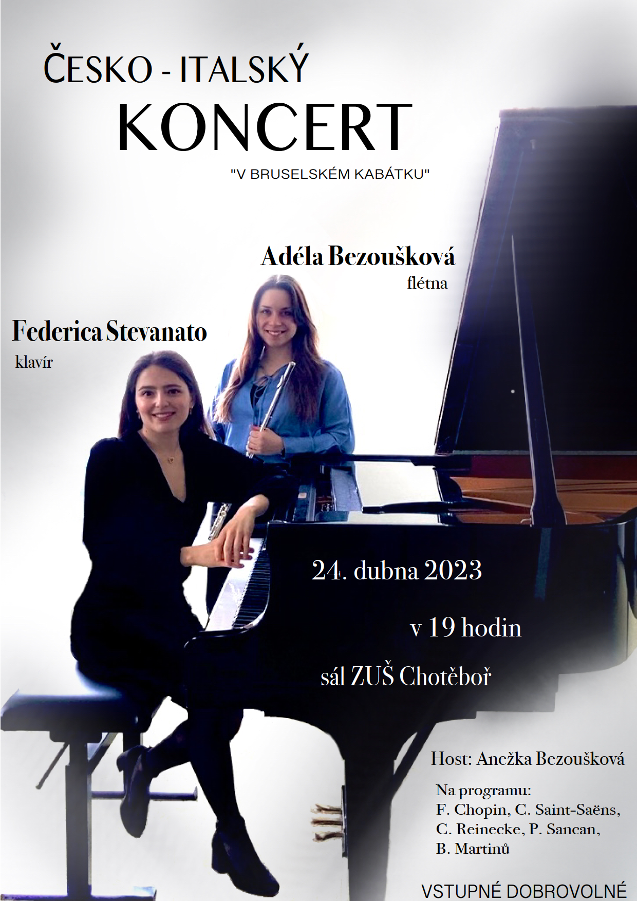 Pozvánka na Česko-italský koncert v pondělí 24. dubna 2023 od 19 hodin v sále ZUŠ Chotěboř
